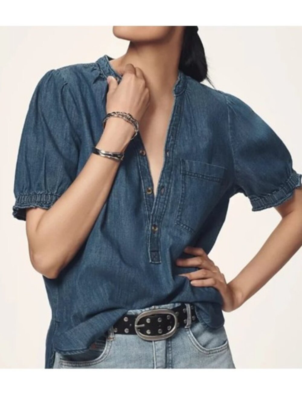 Pilcro Aly Denim Puff Sleeve blouse, sz L